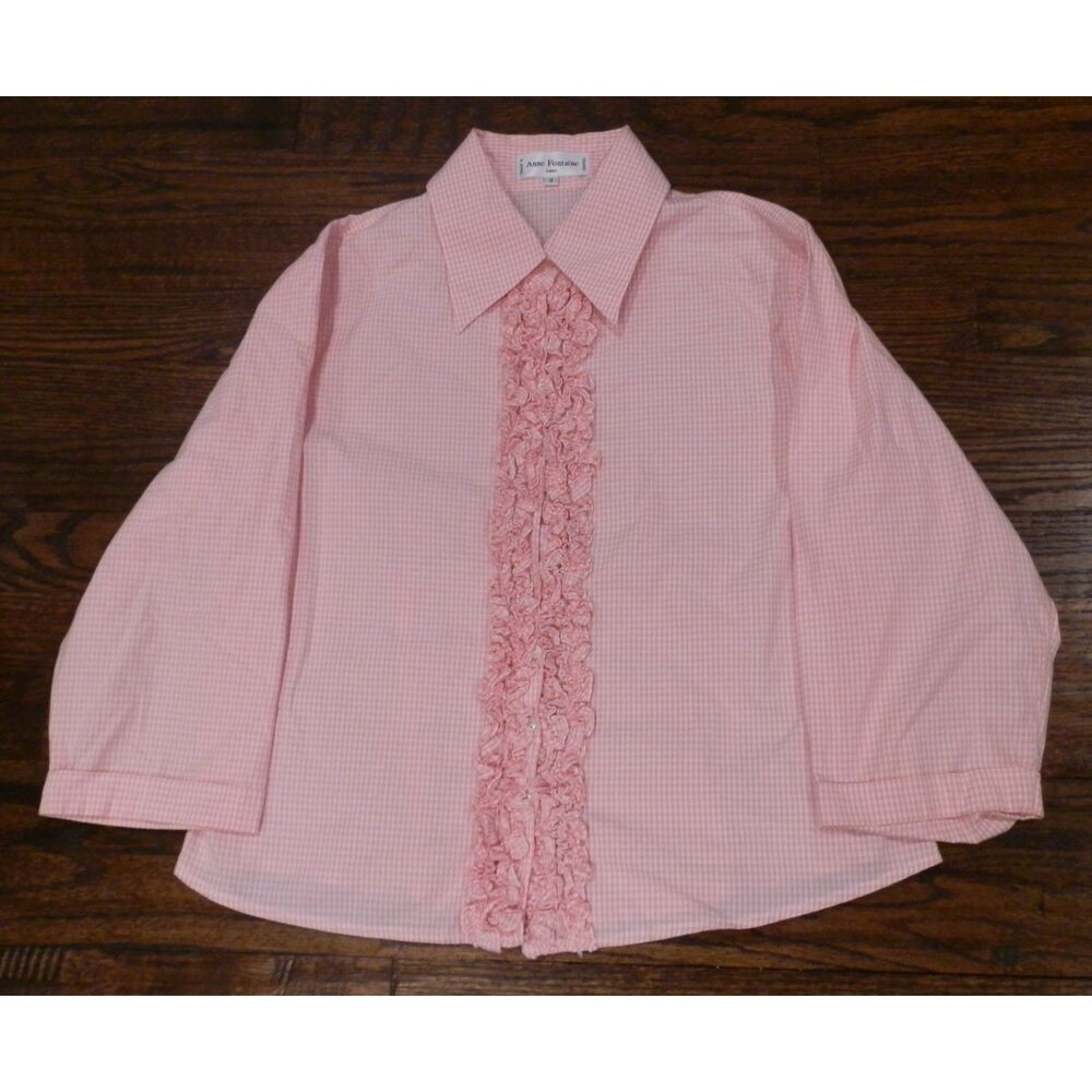 Anne Fontaine Paris Pierik Pink White Gingham 3/4 sleeve Ruffled Blouse Size 3